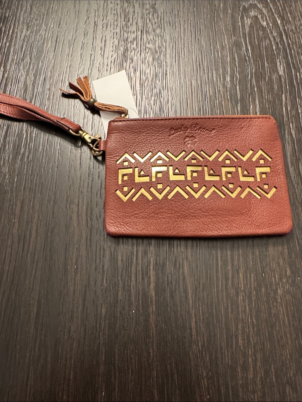 Lucky Brand Rust Leather Wristlet Clutch with Gold Cutout Detail